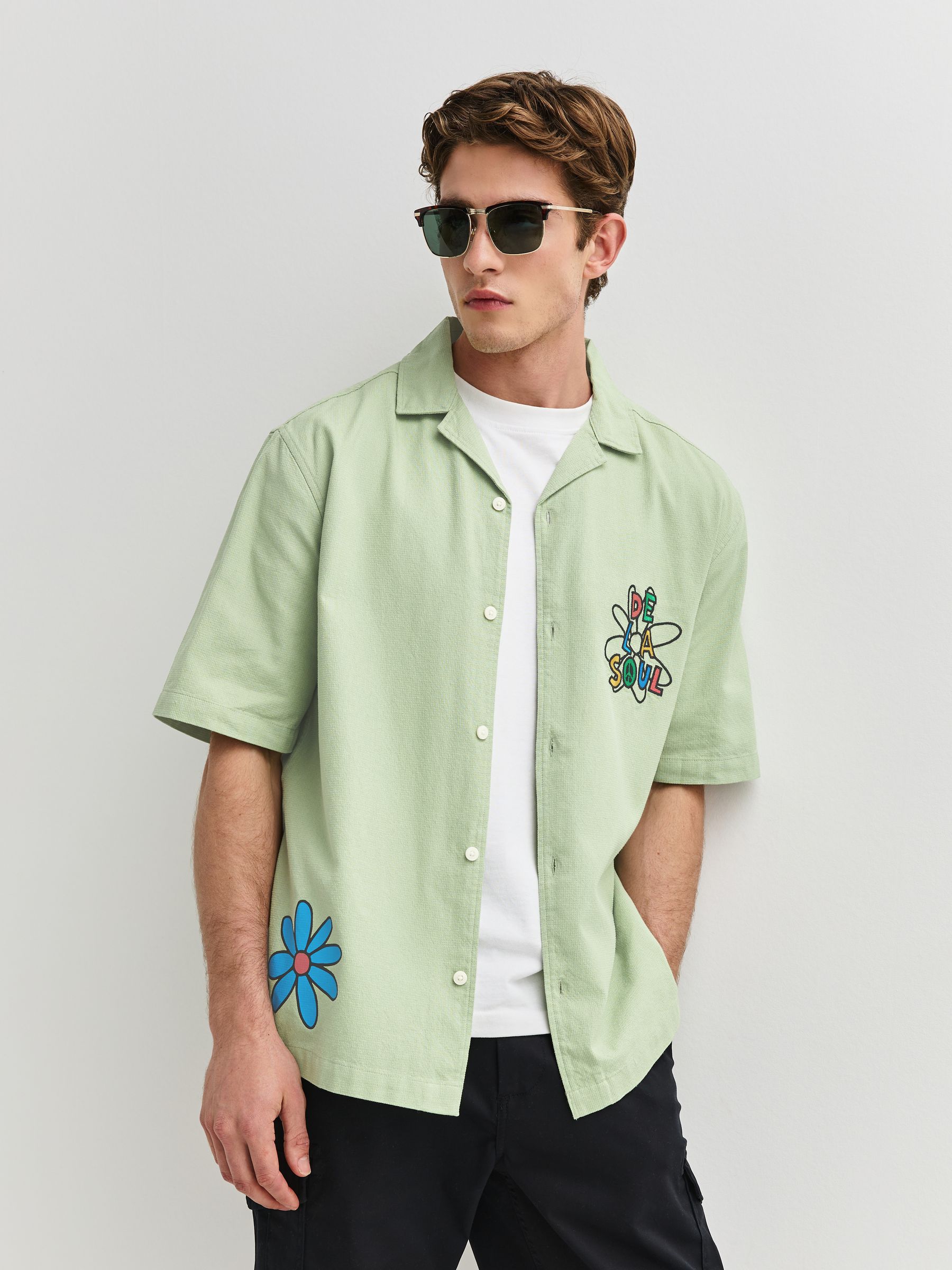 Buy Green De La Soul Print Relaxed Fit Short Sleeve Revere Collar