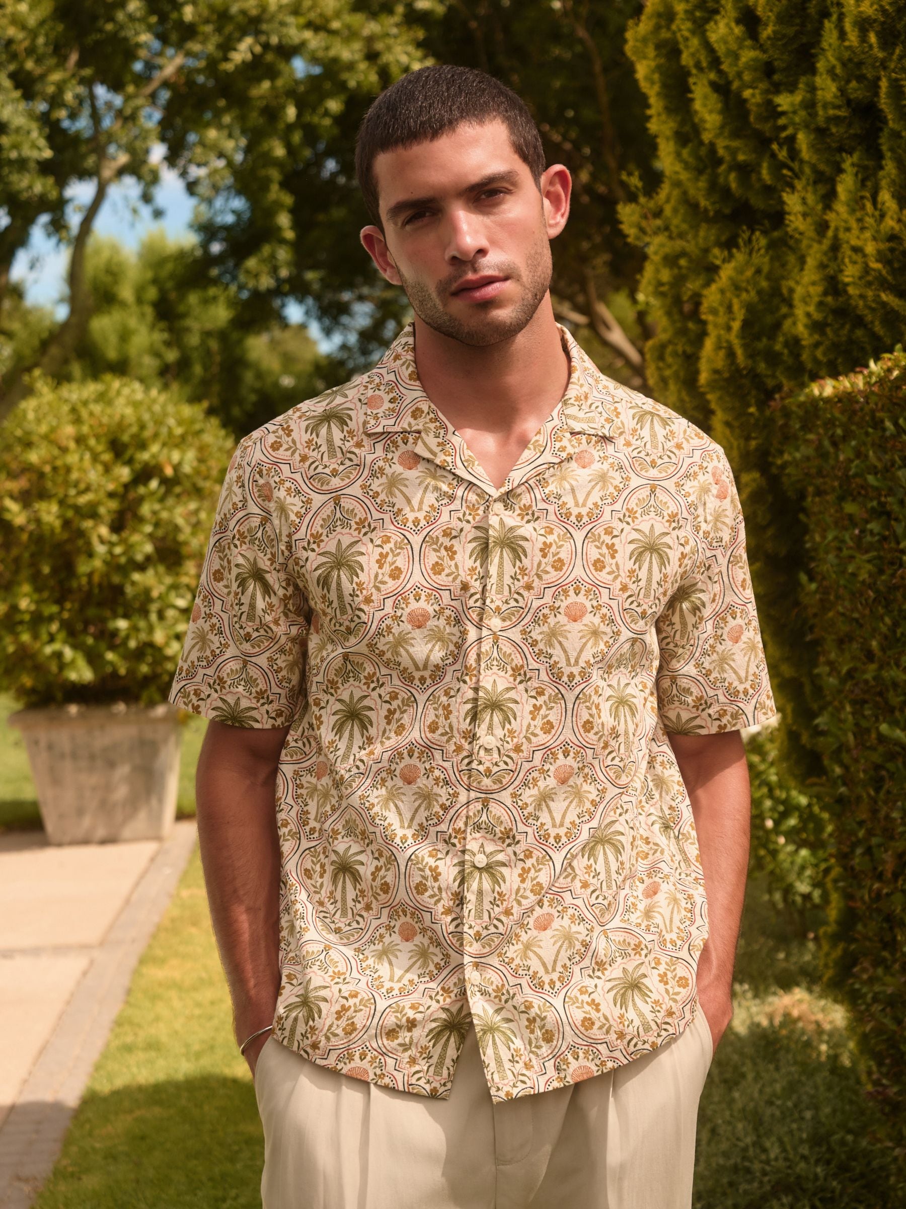 Buy Ecru Palm Print Short Sleeve Shirt from the Next UK online shop