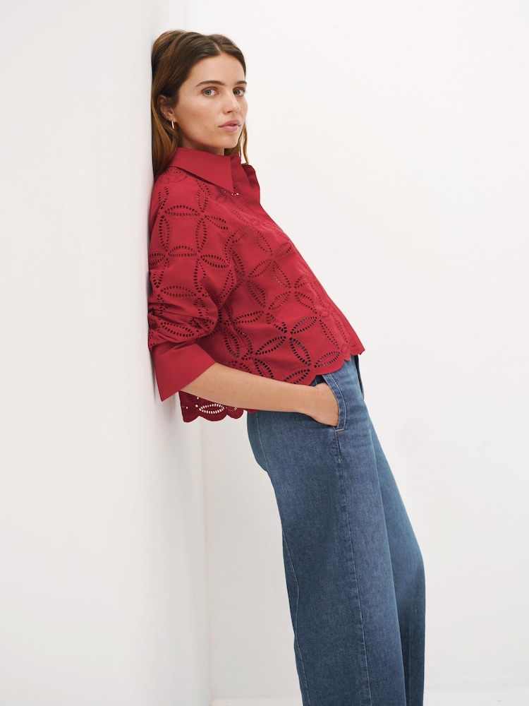 Mint Velvet Red Broderie Cropped Shirt - Image 2 of 8 Mint Velvet Red Broderie Cropped Shirt - Image 2 of 8