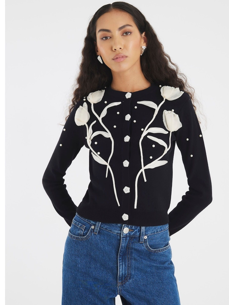 River Island Black 3D Flower Cardigan - Image 1 of 2