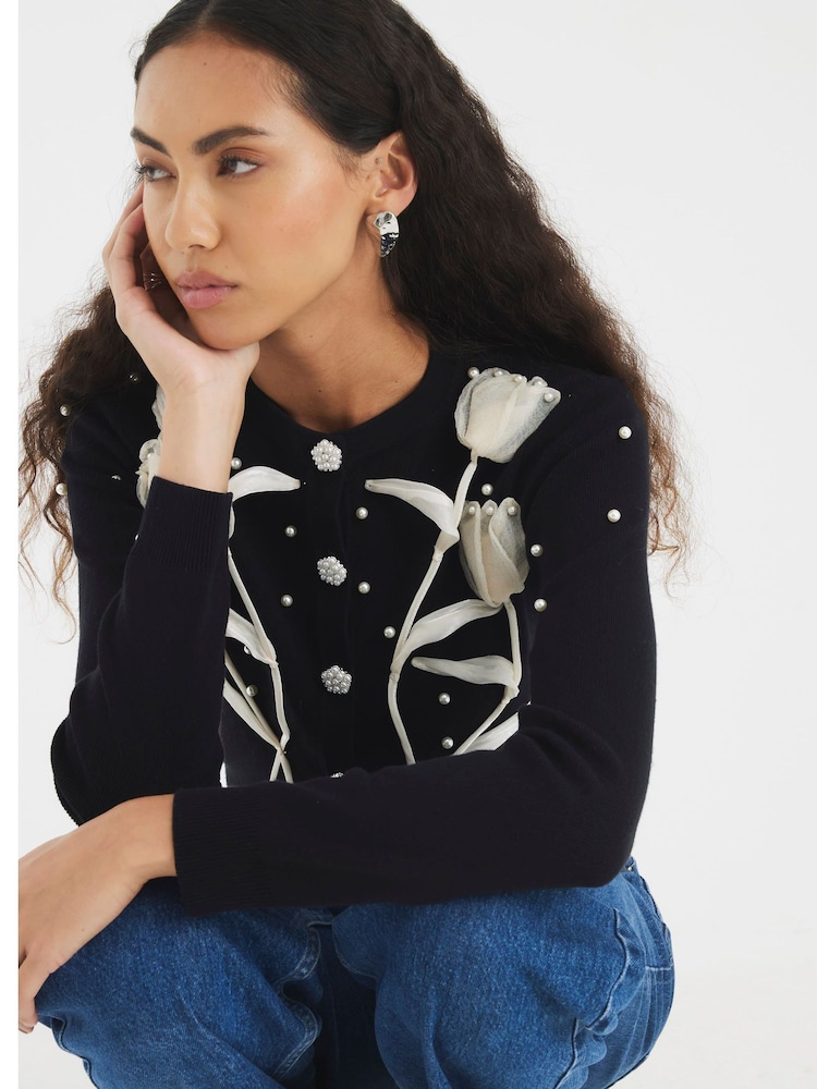 River Island Black 3D Flower Cardigan - Image 2 of 2