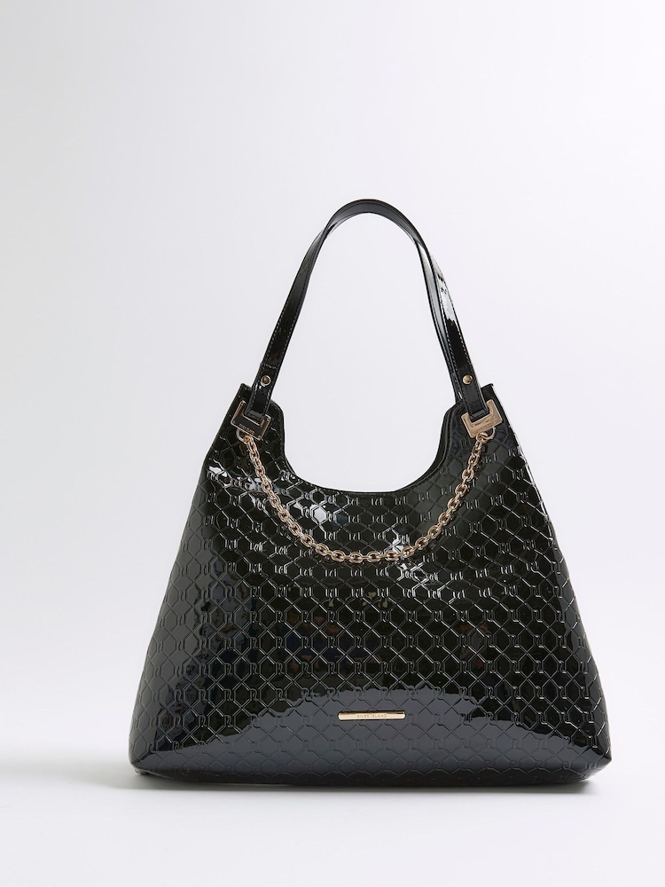 River Island Black Embossed Chain Detail Slouch Bag - Image 1 of 6
