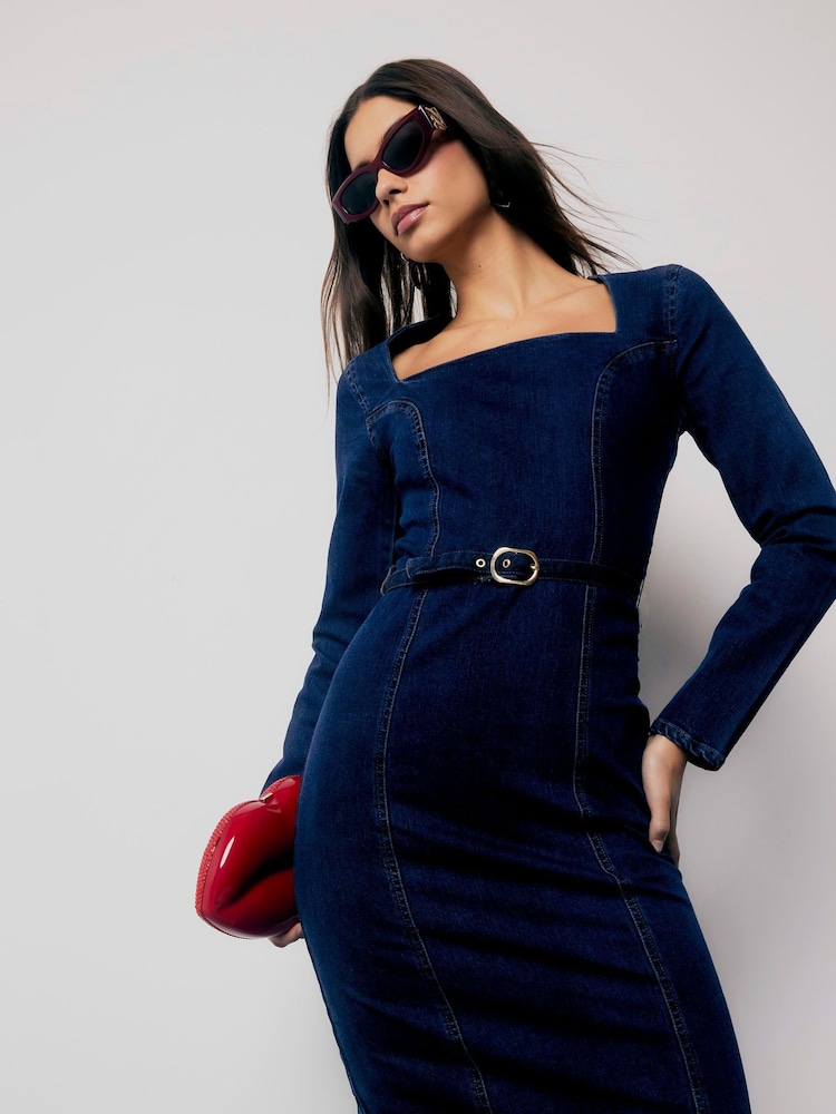 Buy River Island Blue Square Neck Belted Bodycon Denim Dress from Next  Indonesia