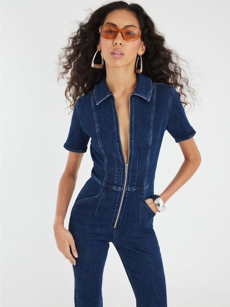 Buy River Island Blue Seamed Zip Denim Jumpsuit from Next India