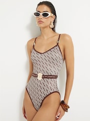 River Island Brown Monogram Print Swimsuit - Image 1 of 4