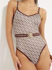 River Island Brown Monogram Print Swimsuit - Image 4 of 4