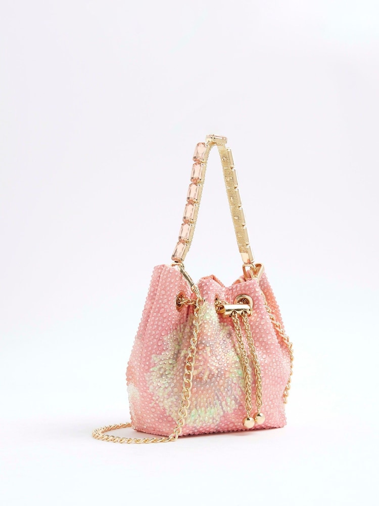 River Island Pink Floral Print Embellished Droplet Bucket Bag - Image 2 of 6