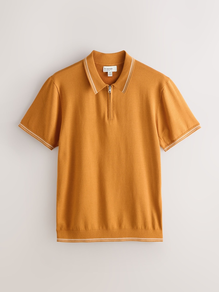 Mustard Yellow Slim Fit N. Premium Tipped Short Sleeve Quarter Zip Knit Polo Shirt - Image 1 of 3