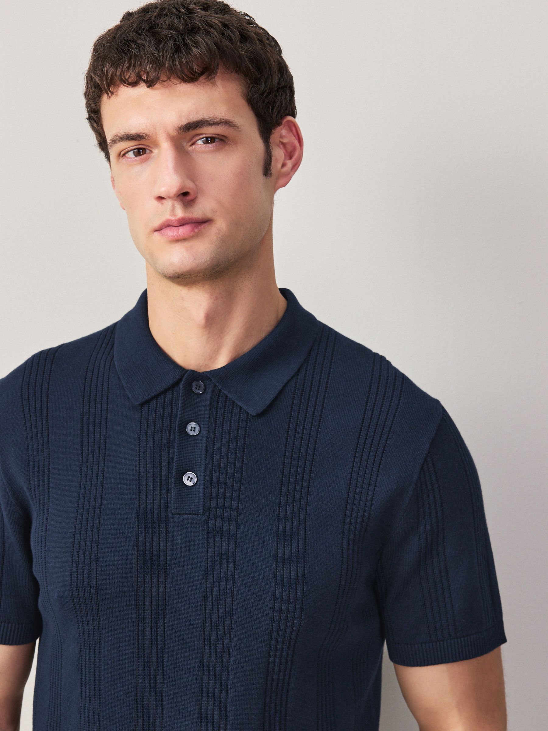 Buy Navy Blue Regular Fit Cotton Rich Pointelle Knit Polo Shirt