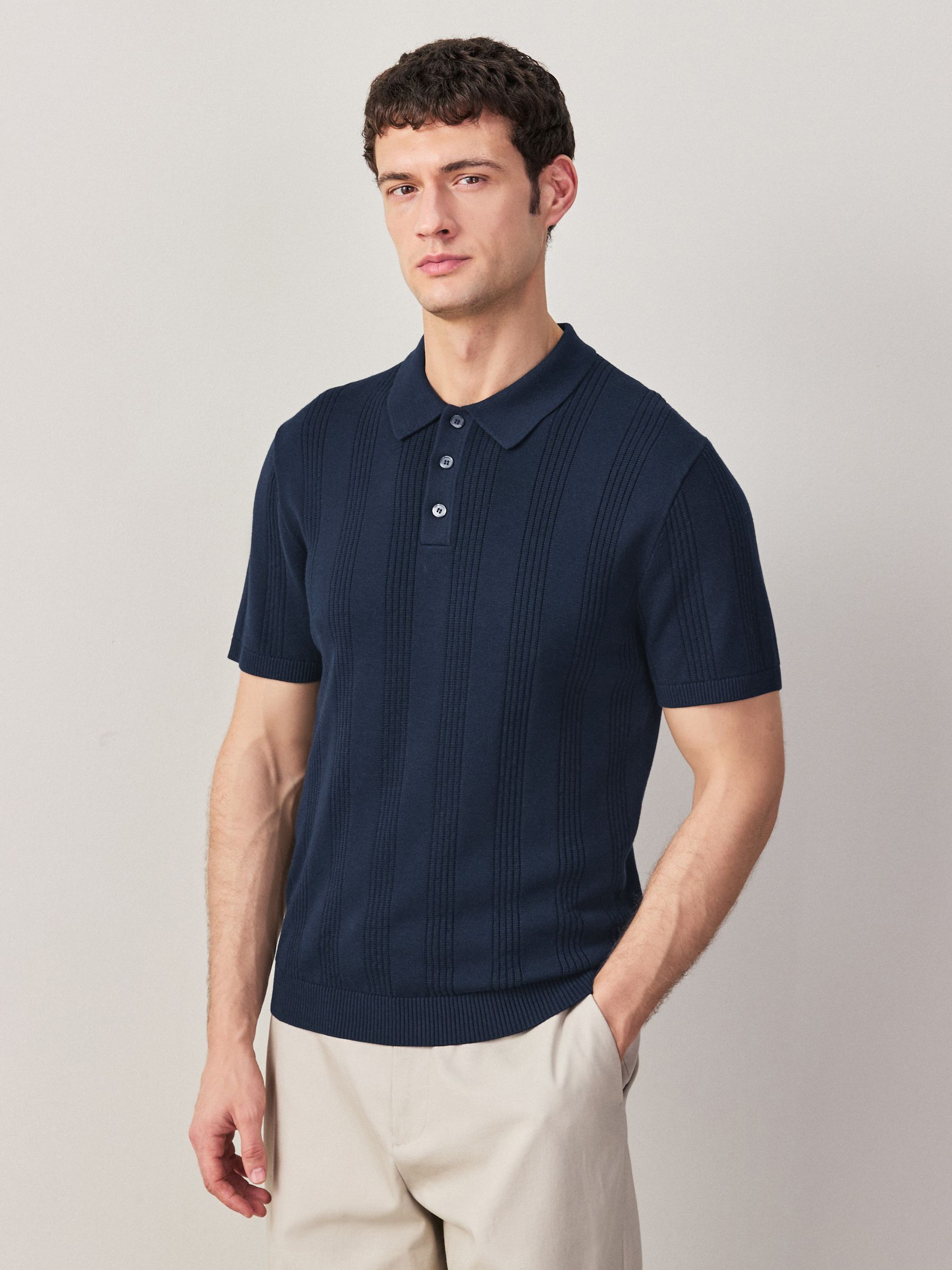 Buy Navy Blue Regular Fit Cotton Rich Pointelle Knit Polo Shirt