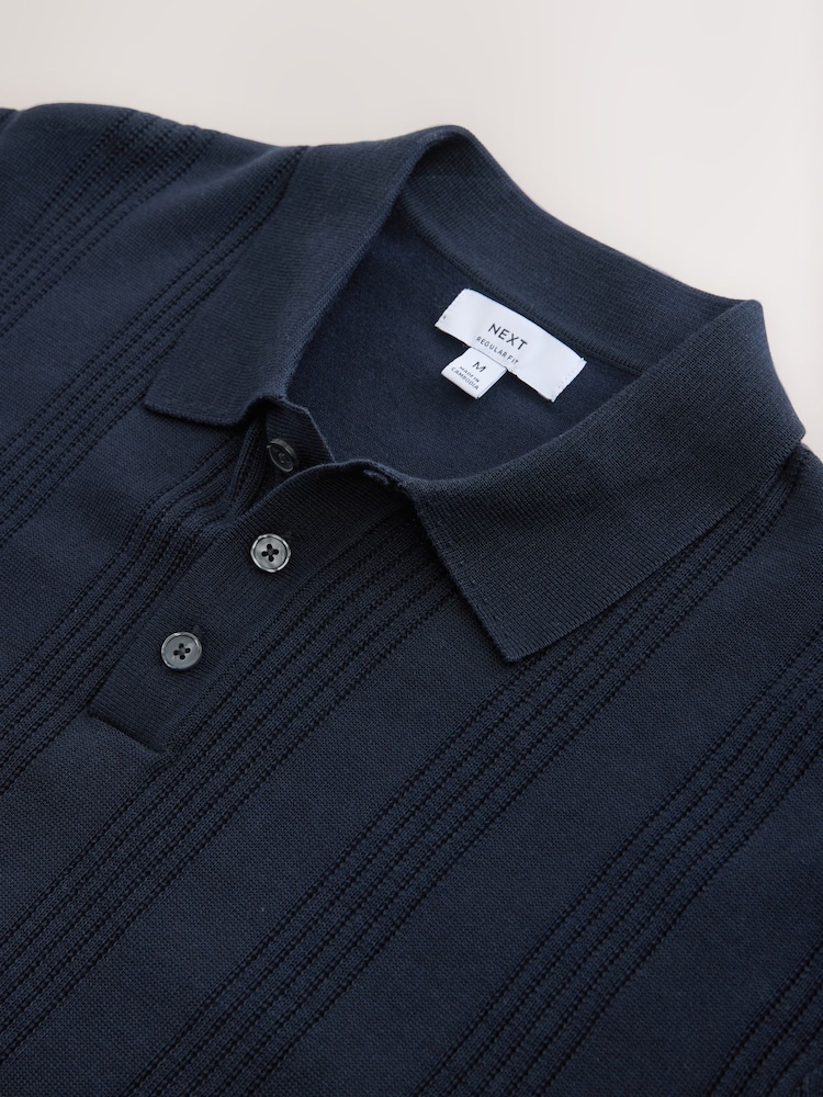 গাঢ় নীল - Cotton Rich Pointelle Stripe Short Sleeve Knit Polo Shirt - 7এর মধ্যে 7 ছবি