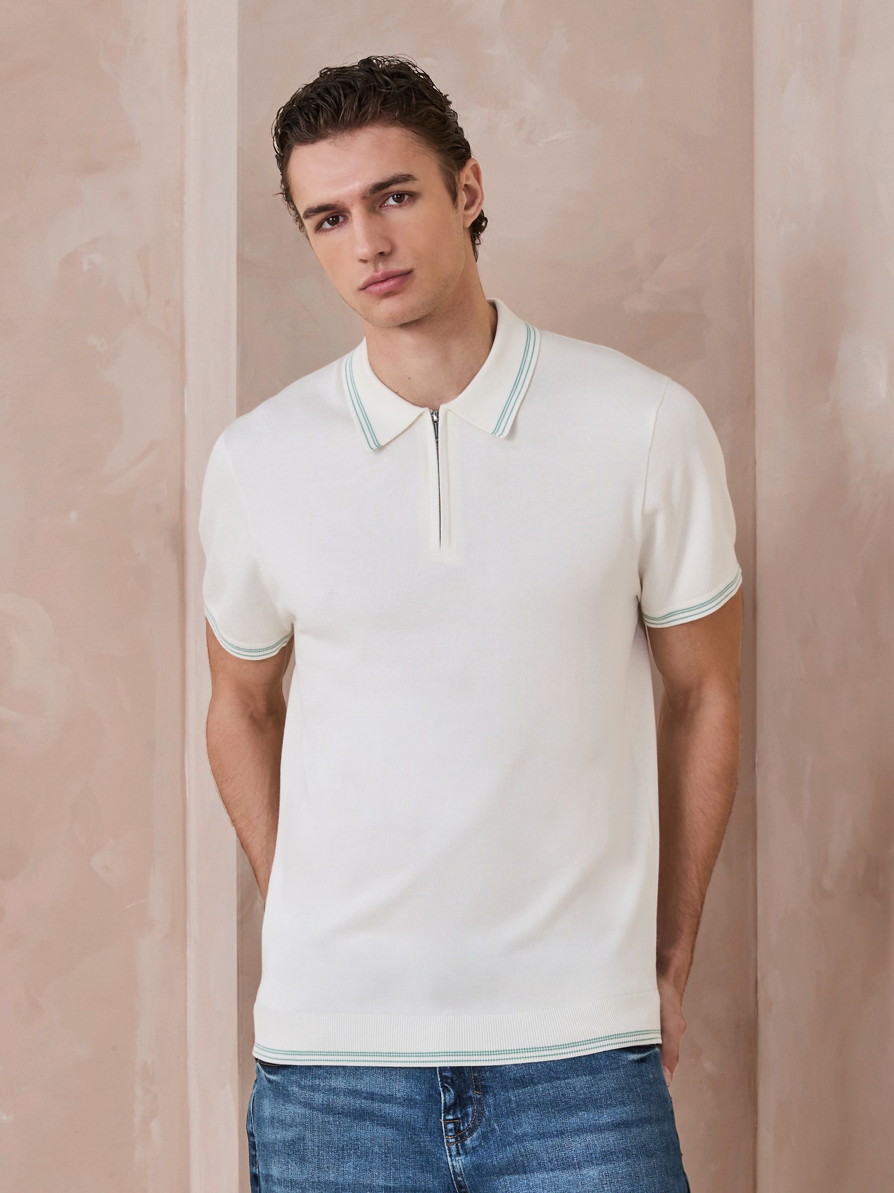Buy White Slim Fit N. Premium Tipped Short Sleeve Quarter Zip Knit