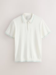 White Slim Fit N. Premium Tipped Short Sleeve Quarter Zip Knit Polo Shirt - Image 1 of 3