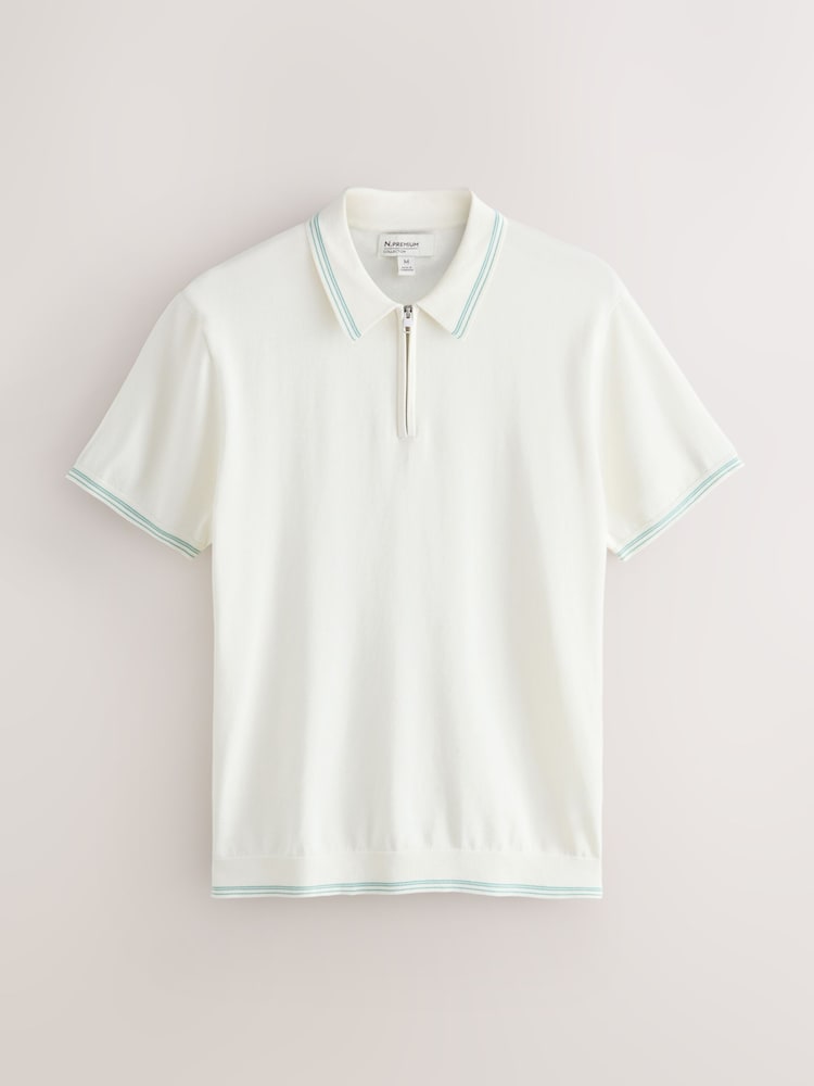 White Slim Fit N. Premium Tipped Short Sleeve Quarter Zip Knit Polo Shirt - Image 1 of 3