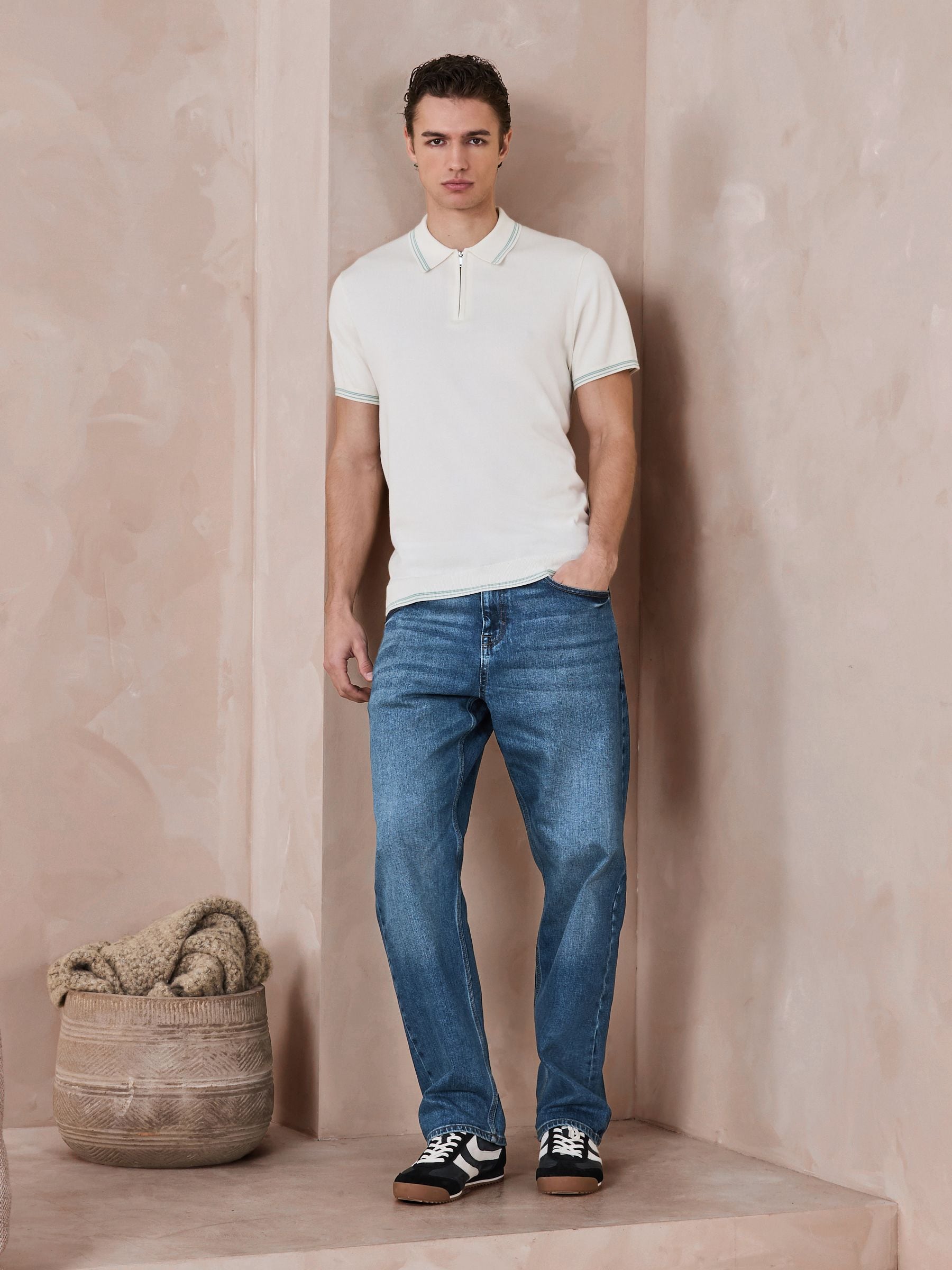 Buy White Slim Fit N. Premium Tipped Short Sleeve Quarter Zip Knit