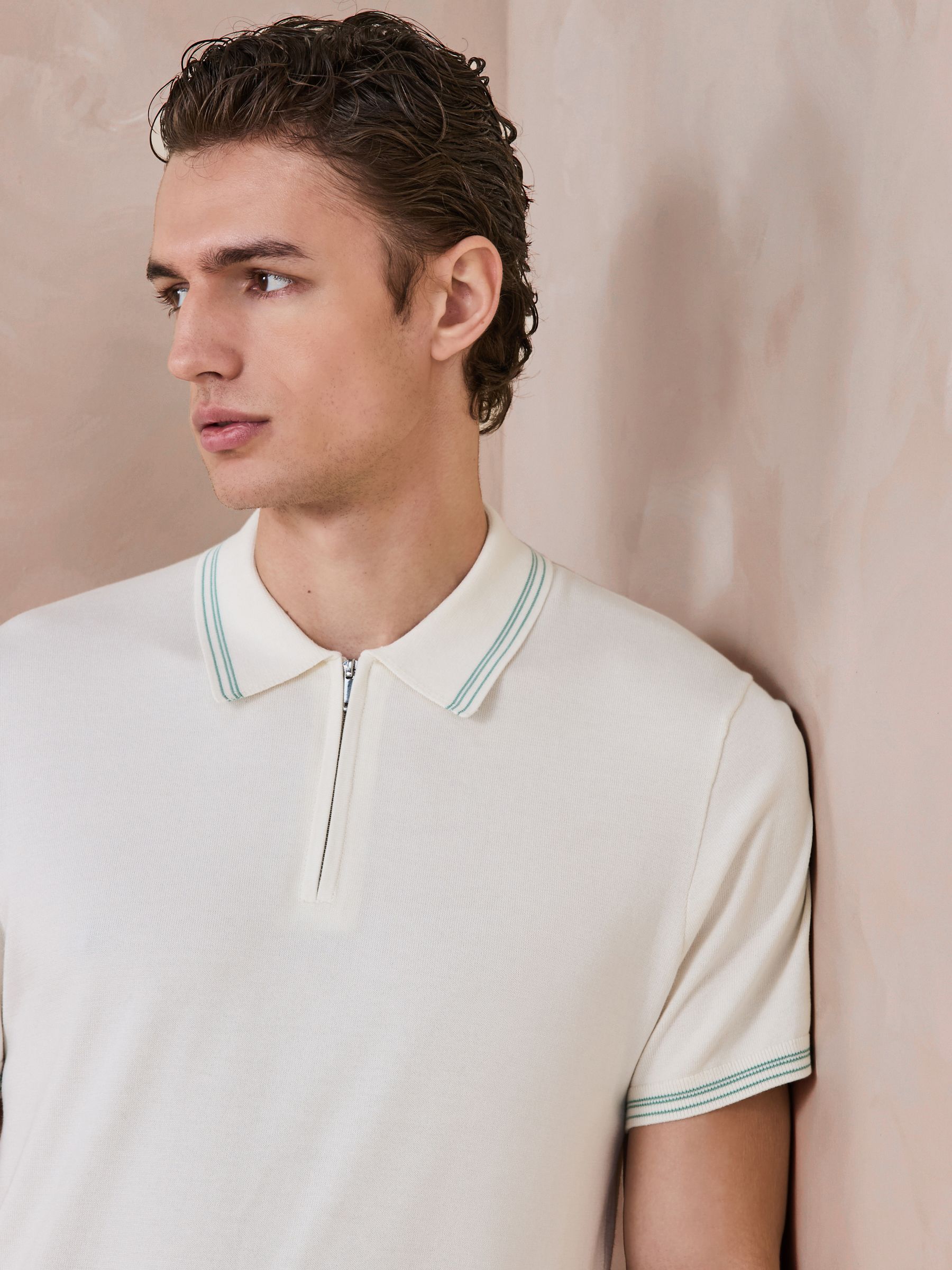 Buy White Slim Fit N. Premium Tipped Short Sleeve Quarter Zip Knit