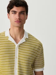 Green/White Regular Fit Crochet Striped Button Through Polo Shirt - Image 1 of 5