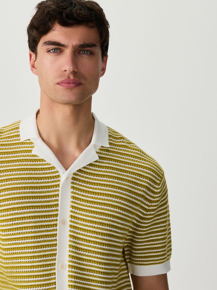 Green/White Regular Fit Crochet Striped Button Through Polo Shirt - Image 1 of 5