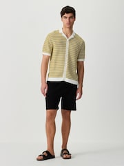 Green/White Regular Fit Crochet Striped Button Through Polo Shirt - Image 2 of 5