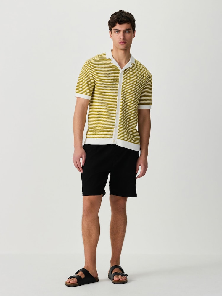 Green/White Regular Fit Crochet Striped Button Through Polo Shirt - Image 2 of 5