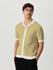 Green/White Regular Fit Crochet Striped Button Through Polo Shirt - Image 4 of 5