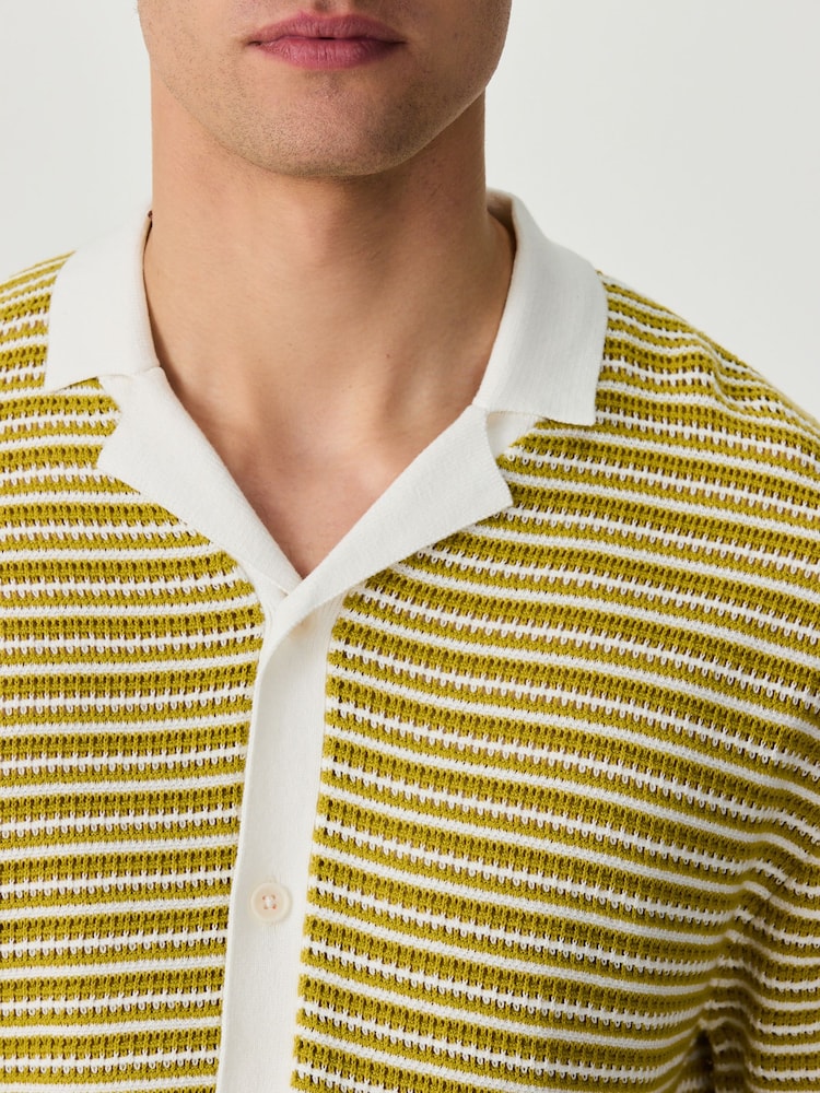 Green/White Regular Fit Crochet Striped Button Through Polo Shirt - Image 5 of 5