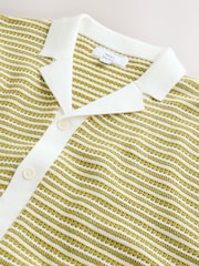 Green/White Relaxed Fit Crochet Striped Short Sleeve Button Through Polo Shirt - Image 7 of 8