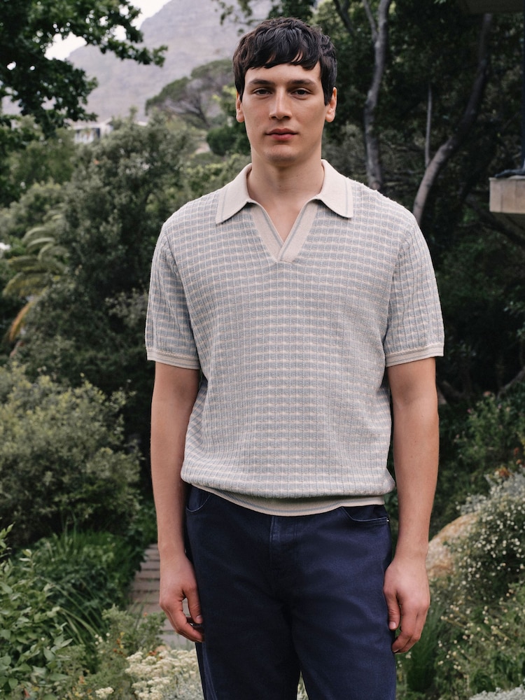 Blue/Ecru Regular Fit Stripe Trophy Neck Polo Shirt - Image 1 of 7