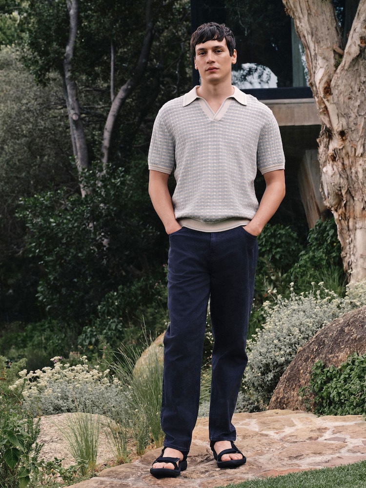 Blue/Ecru Regular Fit Stripe Trophy Neck Polo Shirt - Image 2 of 7