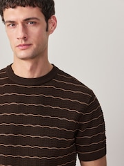 Brown Regular Fit Textured Wave Knitted Short Sleeve T-Shirt - Image 1 of 4