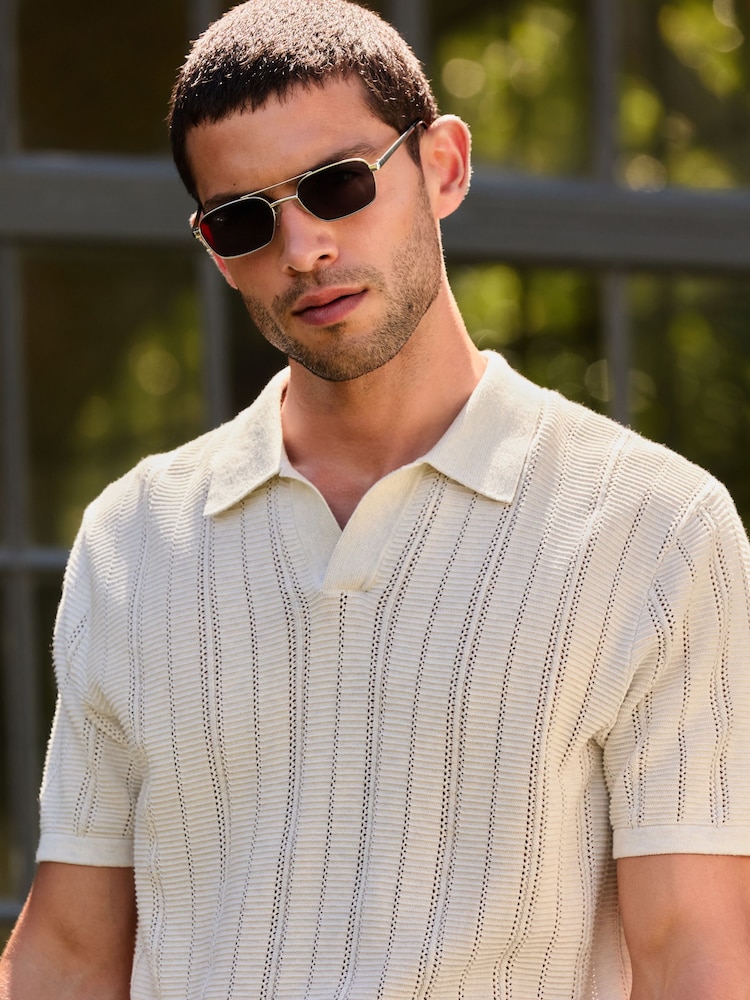 Neutral Regular Fit Textured Knit Short Sleeve Trophy Neck Polo Shirt - Image 1 of 7