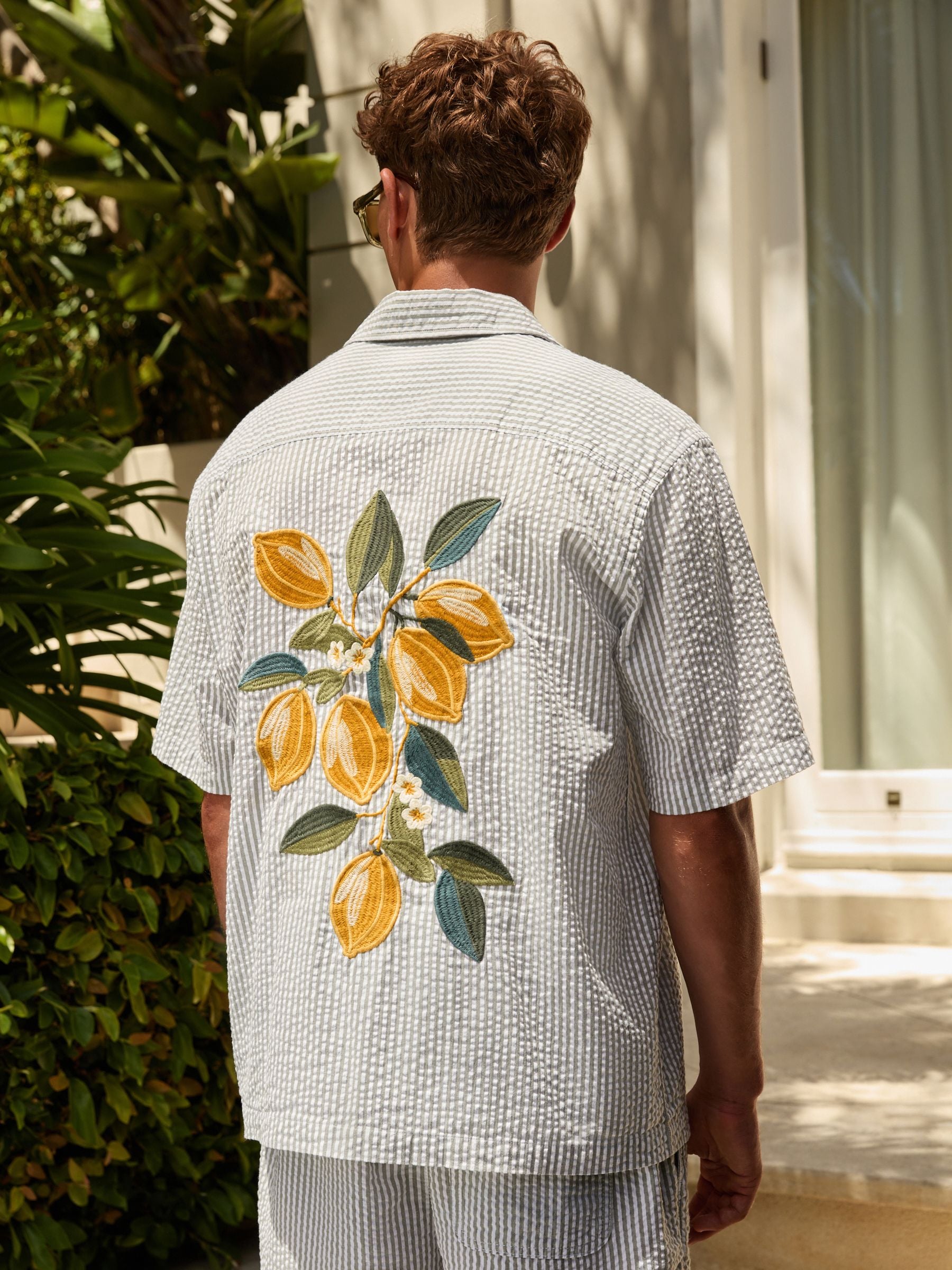 Buy Sage Green Relaxed Fit Embroidered Revere Collar Short Sleeve