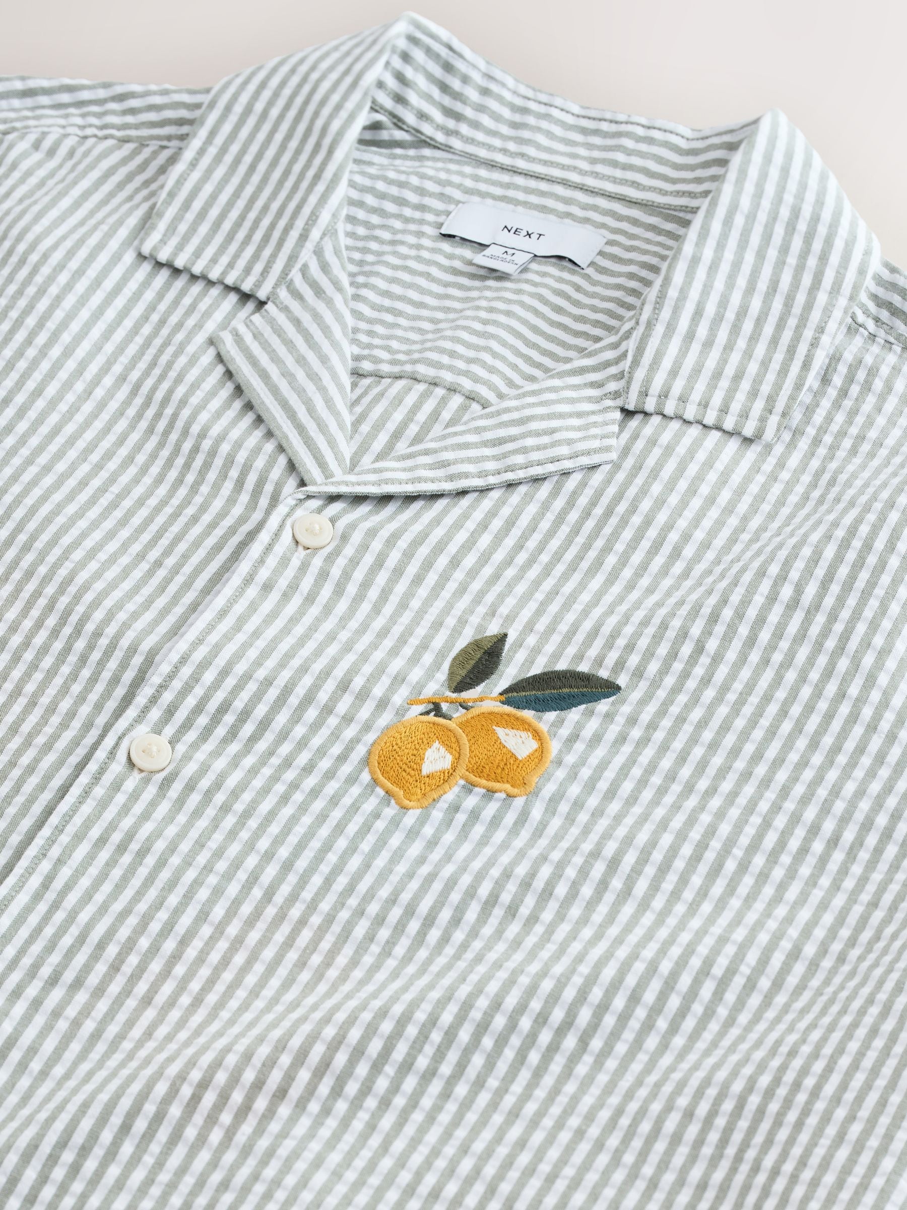Buy Sage Green Relaxed Fit Embroidered Revere Collar Short Sleeve