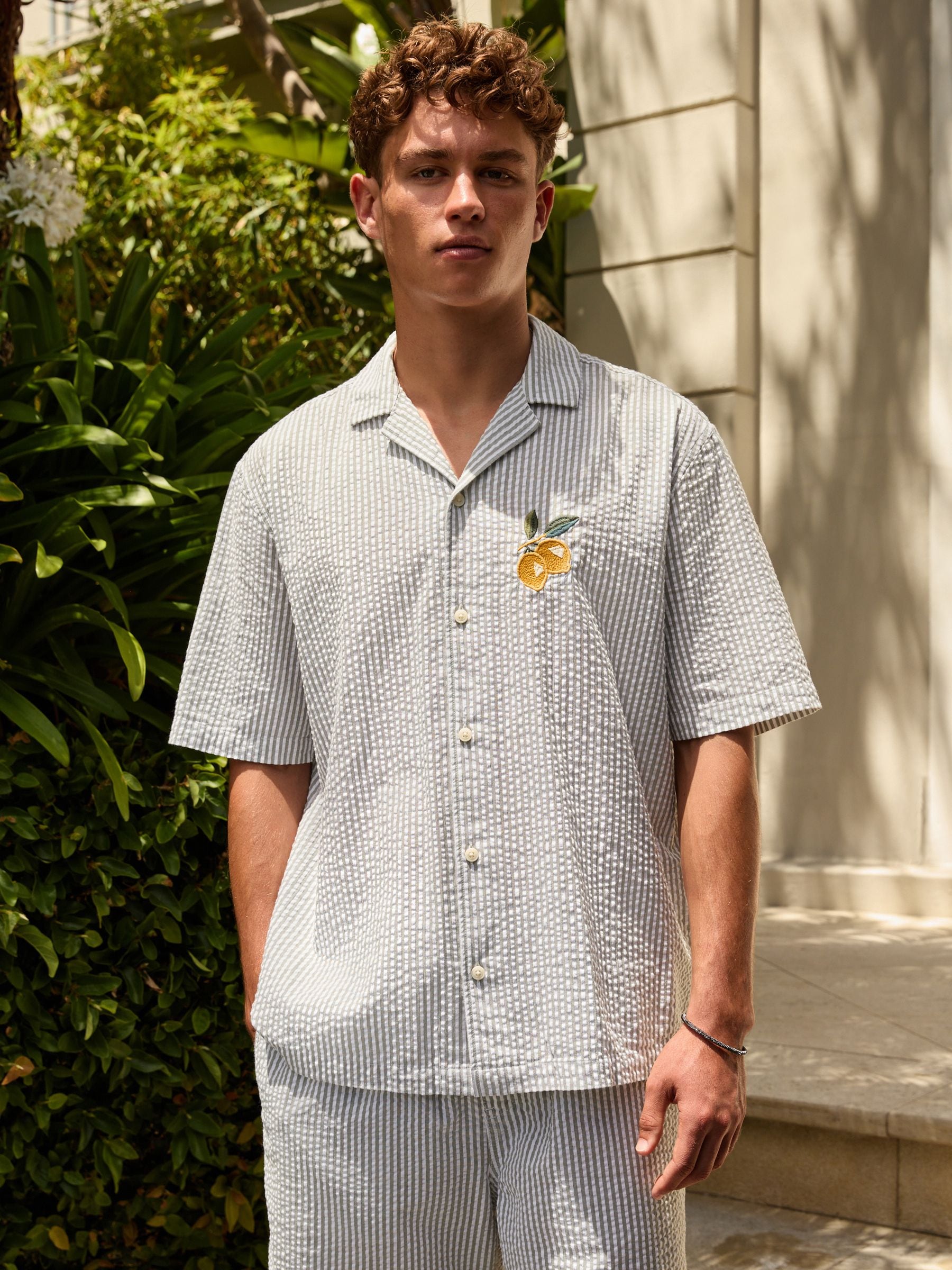 Buy Sage Green Relaxed Fit Embroidered Revere Collar Short Sleeve