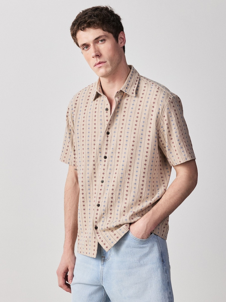 Brown Stripe Jaquard Short Sleeve Shirt - Image 1 of 7
