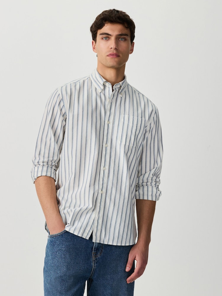 蓝色 - 条纹牛津布长袖衬衫 - 9的图像1｝