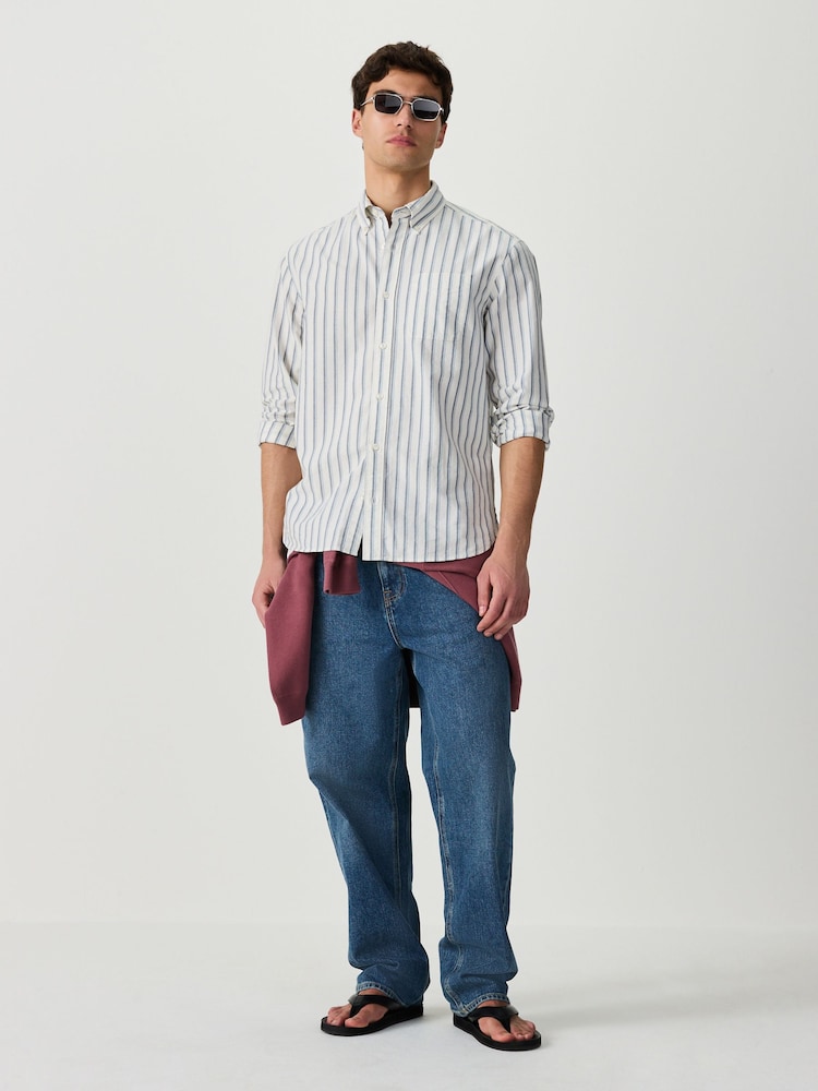 蓝色 - 条纹牛津布长袖衬衫 - 9的图像2｝