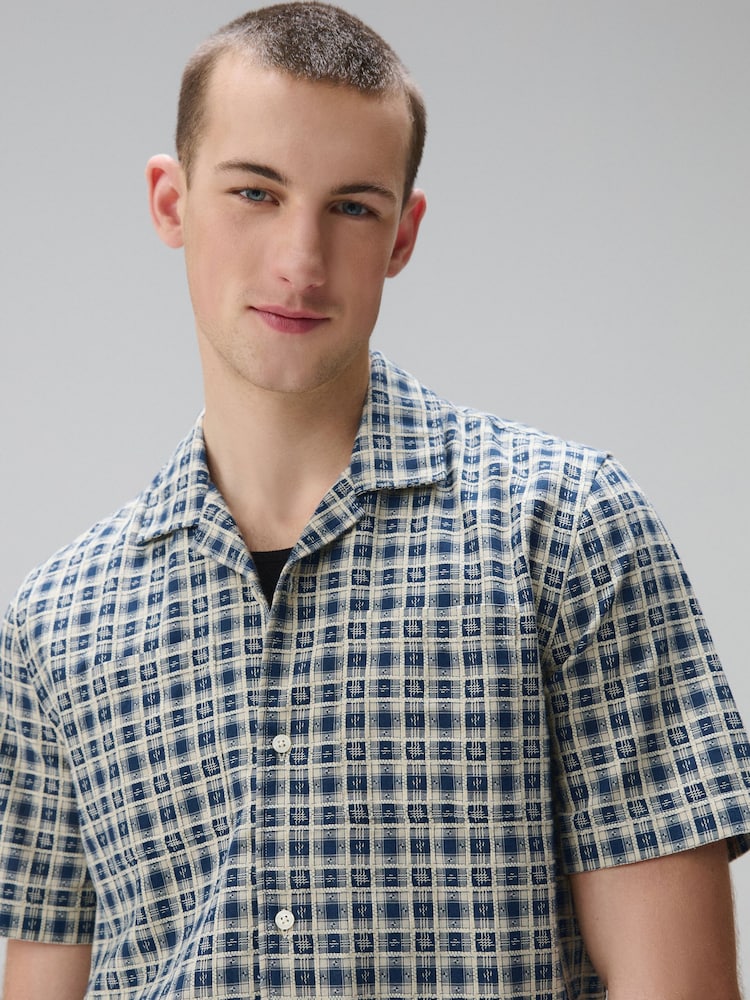 Navy Textured Check Short Sleeve Shirt - Image 1 of 6