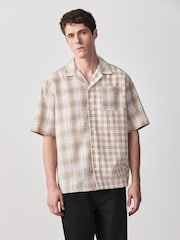 棕色 - 纹理格纹短袖衬衫 - 7的图像1｝