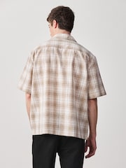 棕色 - 纹理格纹短袖衬衫 - 7的图像2｝