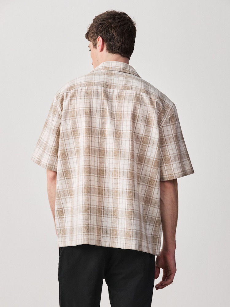 棕色 - 纹理格纹短袖衬衫 - 7的图像2｝