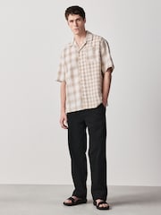 棕色 - 纹理格纹短袖衬衫 - 7的图像3｝