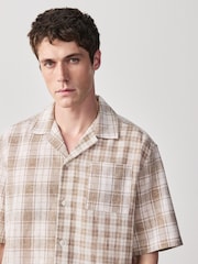 棕色 - 纹理格纹短袖衬衫 - 7的图像4｝