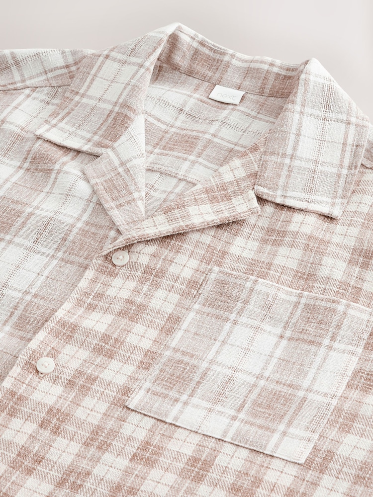 棕色 - 纹理格纹短袖衬衫 - 7的图像7｝