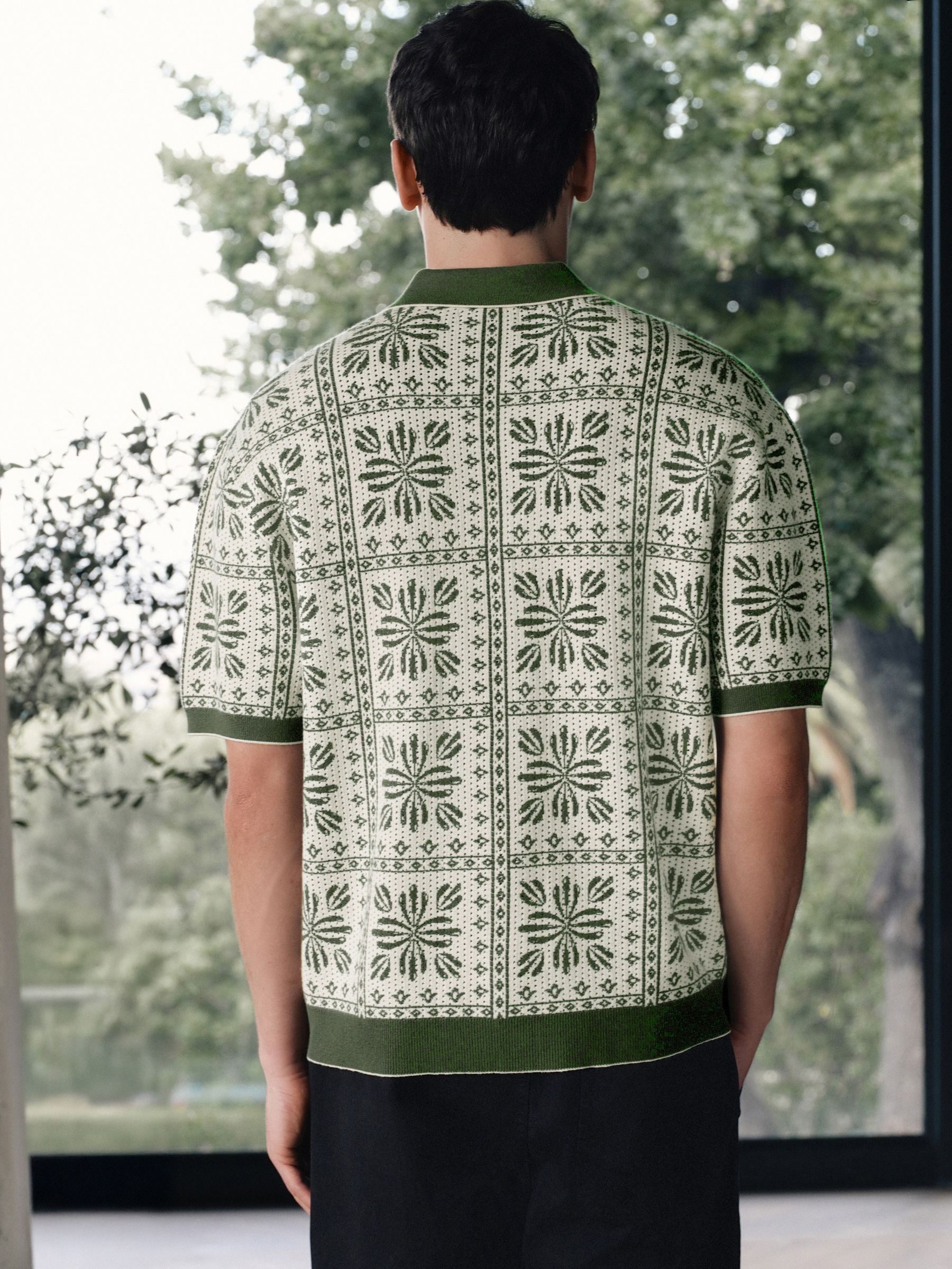 Buy White/Green Relaxed Fit Floral Tile Print Knitted Shirt from