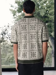 Ecru White/Green Relaxed Fit Floral Tile Print Short Sleeve Button Through Polo Shirt - Image 4 of 8