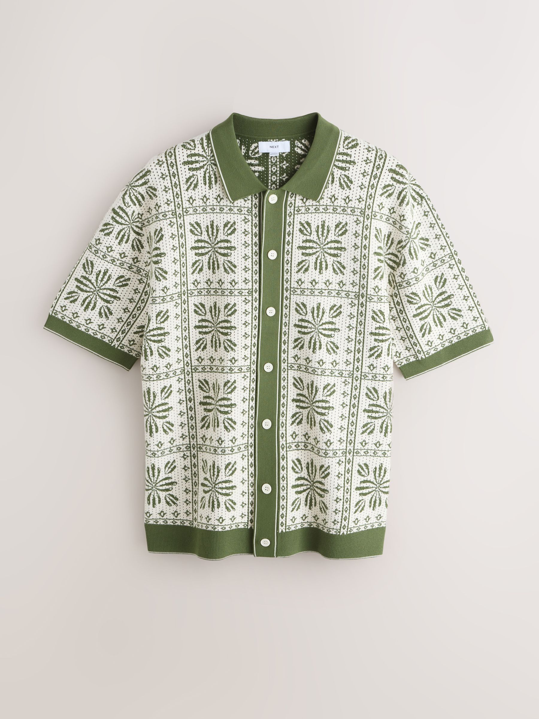 Buy White/Green Relaxed Fit Floral Tile Print Knitted Shirt from
