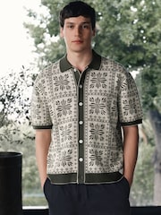 Ecru White/Green Relaxed Fit Floral Tile Print Short Sleeve Button Through Polo Shirt - Image 5 of 8
