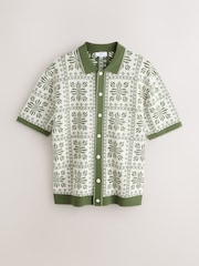 Ecru White/Green Relaxed Fit Floral Tile Print Short Sleeve Button Through Polo Shirt - Image 6 of 8