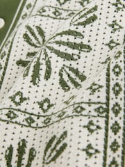 Ecru White/Green Relaxed Fit Floral Tile Print Short Sleeve Button Through Polo Shirt - Image 8 of 8